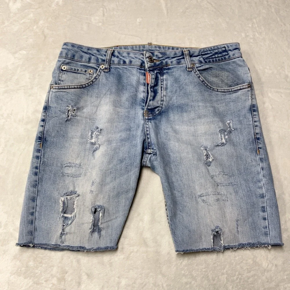 DSQUARED2 Denim Shorts Distressed Cut Offs Jorts Blue Mens 36 (Fit 34x9) Italy